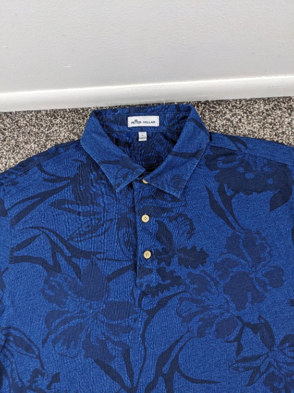 2020 Peter Millar Polo Shirt Slub Cotton Floral Indigo Navy Blue Mens Large - Picture 2 of 10